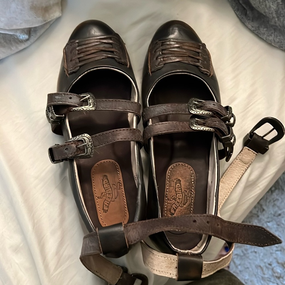 Dark brown Frye flats with ankle strap size 8